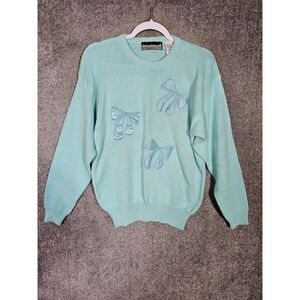 Vintage Bramble Lane Sweater Womens Size Large Pastel Green‎ Blue Beaded Bows